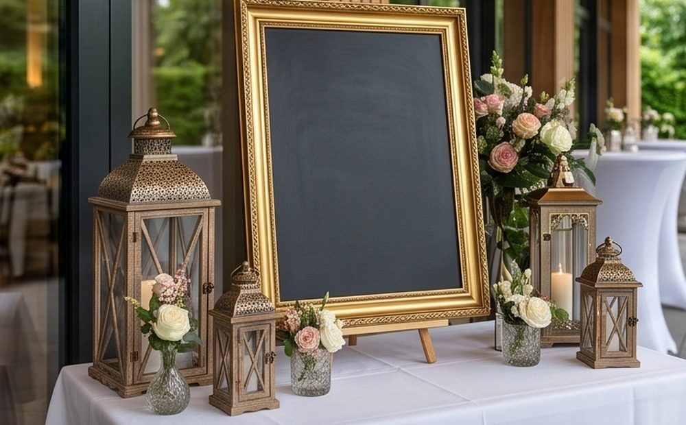 Dekoration mit Blumen, Laternen und Staffelei