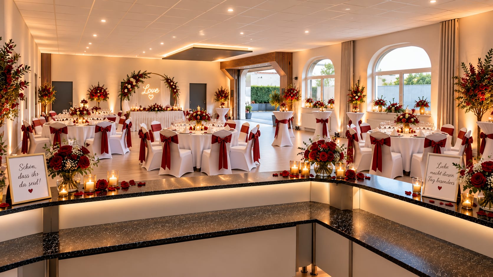 KI-Visualisierung: der Saal von Johanns Kitchen & Event, festlich eingedeckt für eine Hochzeit